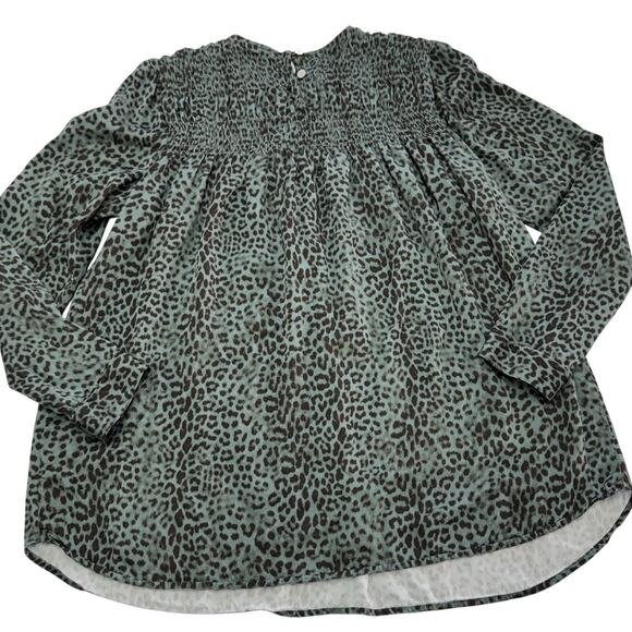 J.Jill Top Womens Small Green Leopard Smocked Shift Blouse Tunic - Picture 2 of 5